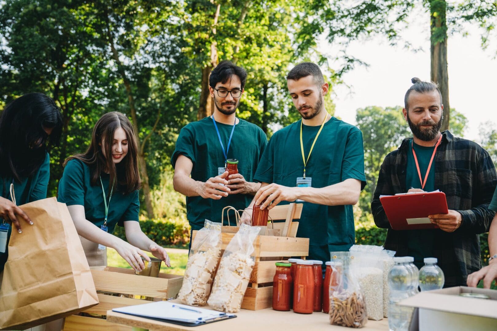 Team of people preparing supply boxes
