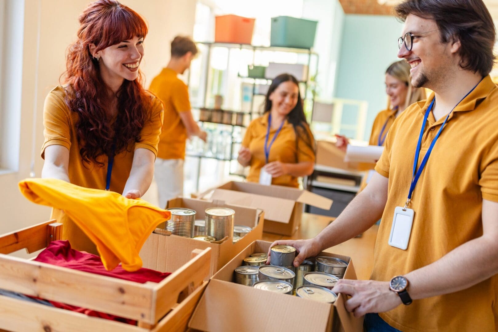 Team packing boxes for charity event