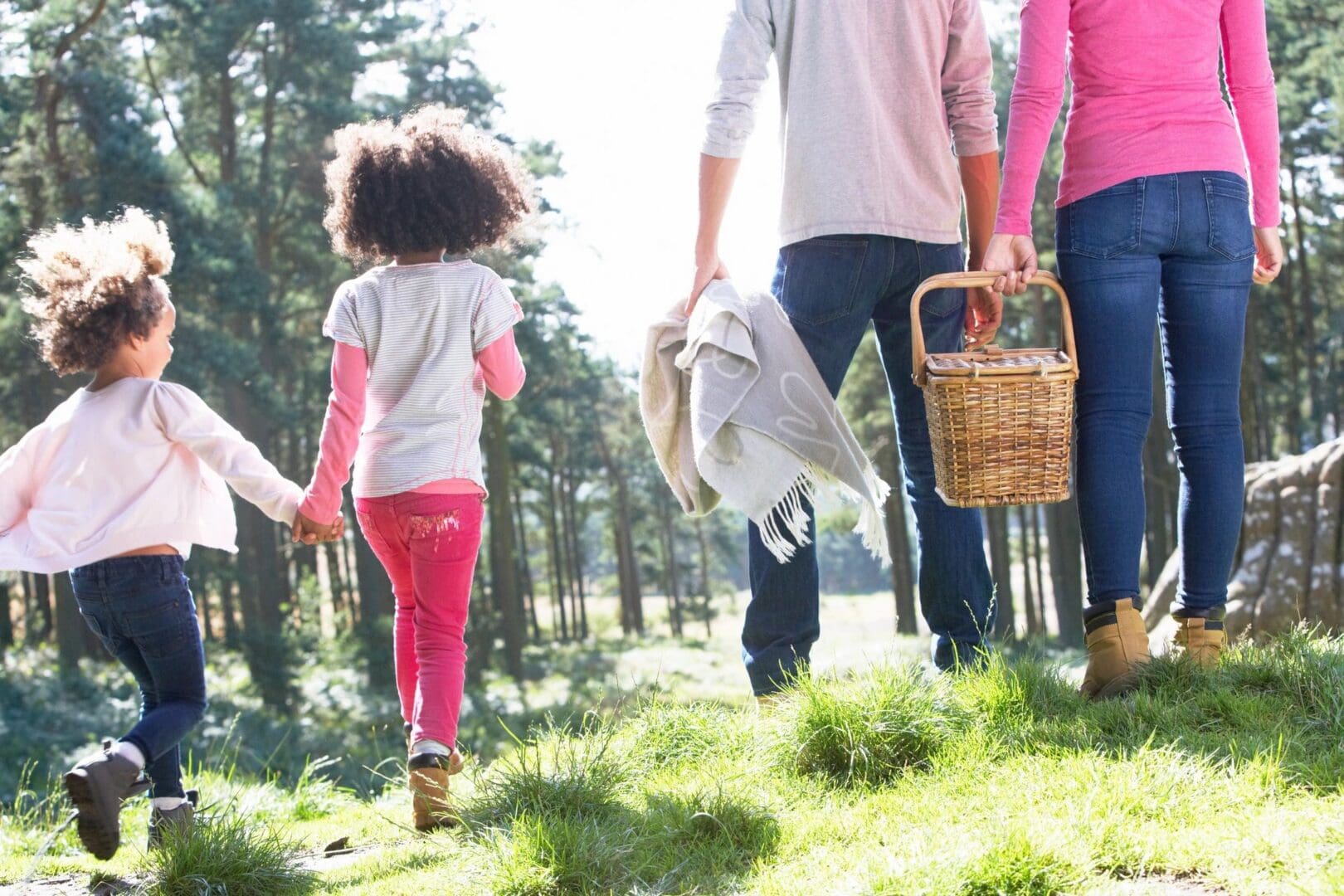 Family walking in a sunlit forest holding hands and picnic items.