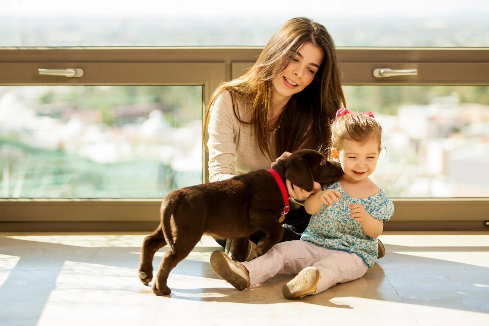 A woman and toddler play with a small black puppy indoors.